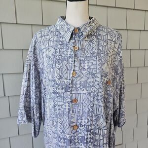 Vintage M.E. Sport Mens Hawaiian Shirt Short Sleeve Blue & White XXL  Tribal